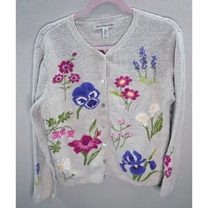 David Brooks Floral Embroidered Cardigan Linen Blend L Button Front Cottagecore